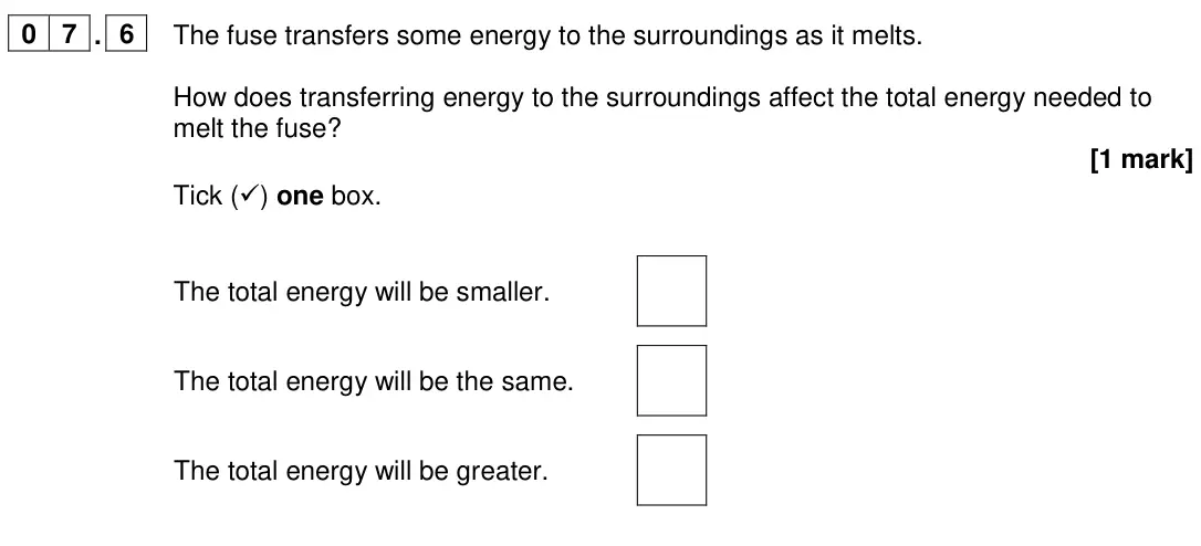 June 2024 Paper 1 Foundation, question 07.6: The fuse transfers some energy to the surroundings as it melts. How does transferring energy to the surroundings affect the total energy needed to melt the fuse