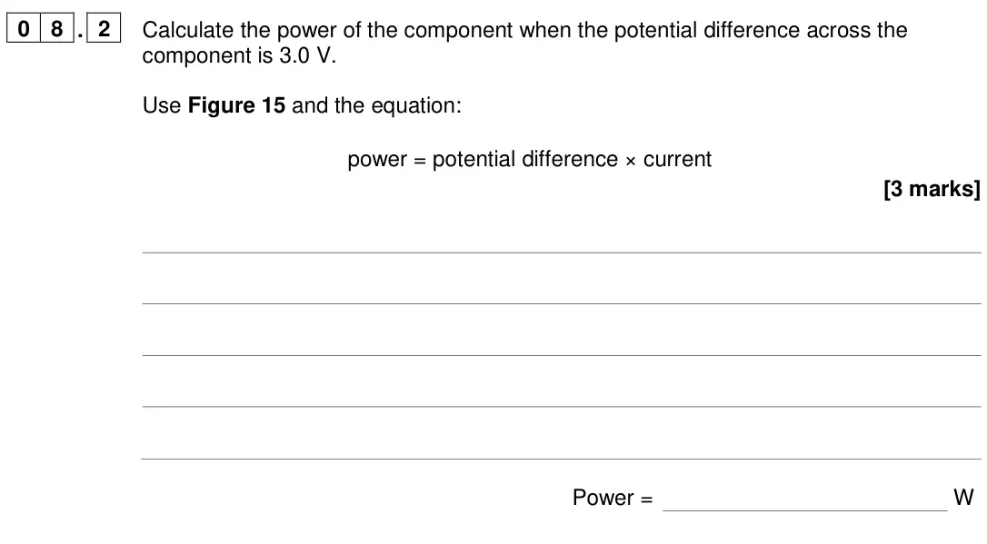 June 2024 Paper 1 Foundation, question 08.2: Calculate the power of the component when the potential difference across the component is 3.0 V. Use Figure 15 and the equation: power = potential difference ×