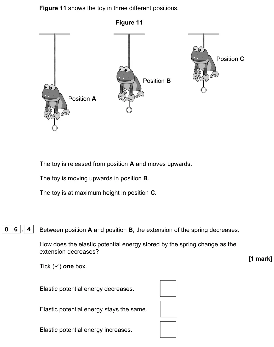 June 2025 Paper 1 Foundation, question 06.4: Between position A and position B, the extension of the spring decreases. How does the elastic potential energy stored by the spring change as the extension dec