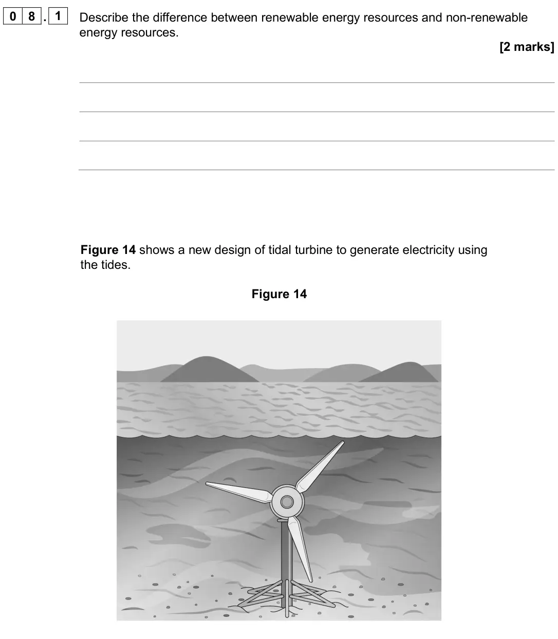 June 2025 Paper 1 Foundation, question 08.1: Describe the difference between renewable energy resources and non-renewable energy resources. [2 marks] Figure 14 shows a new design of tidal turbine to genera
