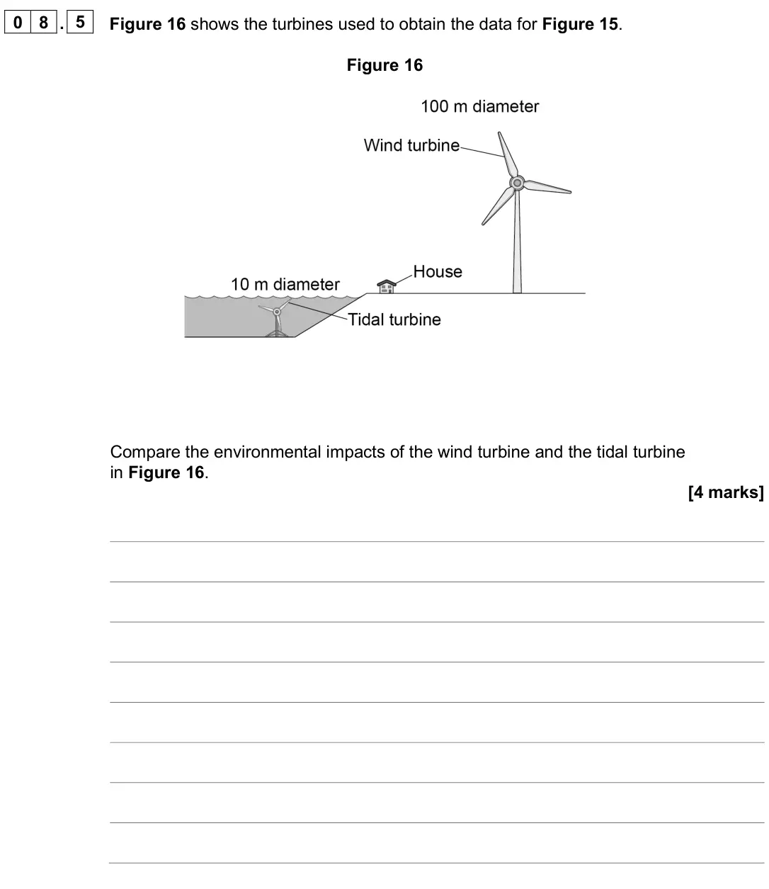 June 2025 Paper 1 Foundation, question 08.5: Figure 16 shows the turbines used to obtain the data for Figure 15. Figure 16 Compare the environmental impacts of the wind turbine and the tidal turbine in Fig