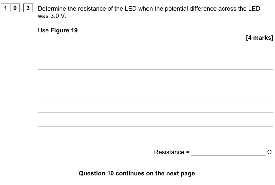 June 2025 Paper 1 Foundation, question 10.3: Determine the resistance of the LED when the potential difference across the LED was 3.0 V. Use Figure 19. [4 marks] Resistance = Ω
