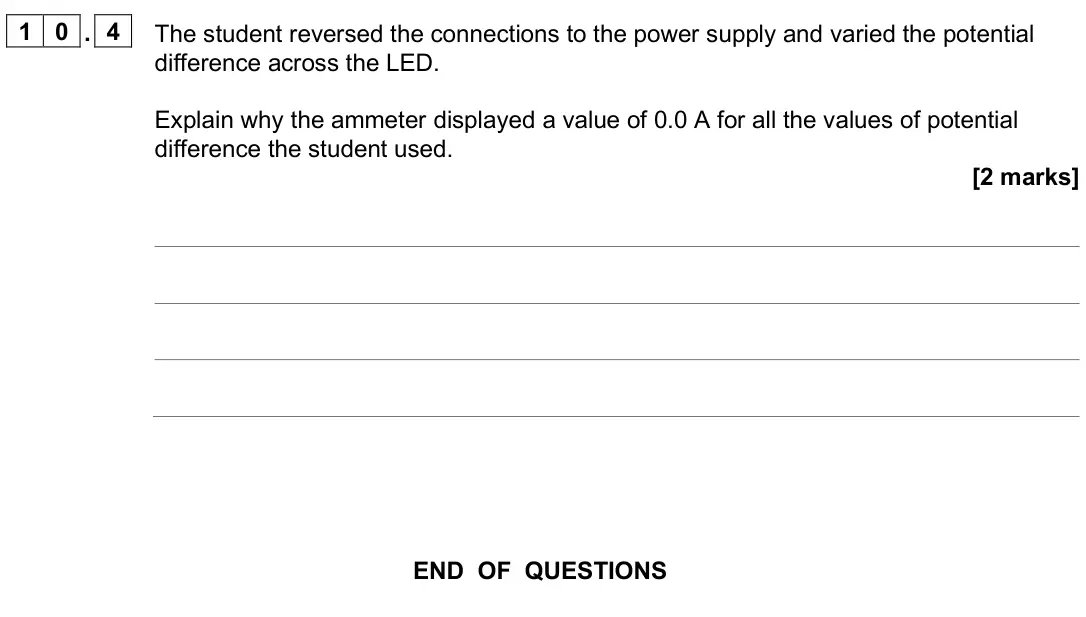 June 2025 Paper 1 Foundation, question 10.4: The student reversed the connections to the power supply and varied the potential difference across the LED. Explain why the ammeter displayed a value of 0.0 A