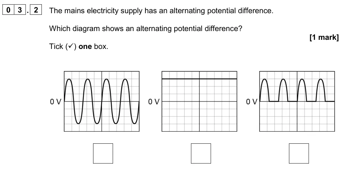 November 2020 Paper 1 Foundation, question 03.2: The mains electricity supply has an alternating potential difference. Which diagram shows an alternating potential difference? [1 mark] Tick () one box.