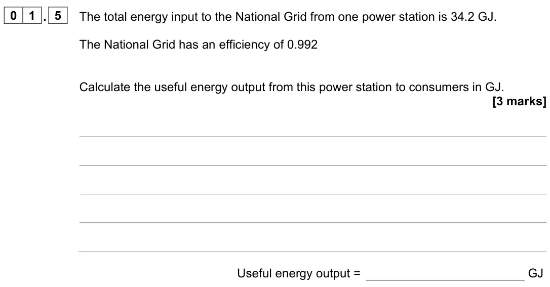 June 2023 Paper 1 Higher, question 01.5: The total energy input to the National Grid from one power station is 34.2 GJ. The National Grid has an efficiency of 0.992 Calculate the useful energy output f