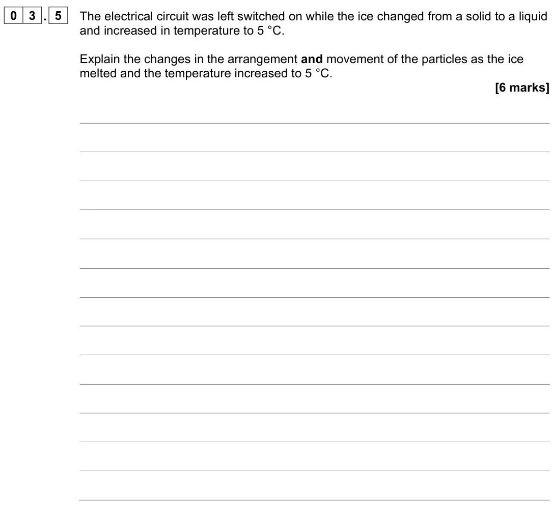 June 2023 Paper 1 Higher, question 03.5: The electrical circuit was left switched on while the ice changed from a solid to a liquid and increased in temperature to 5 °C. Explain the changes in the arra