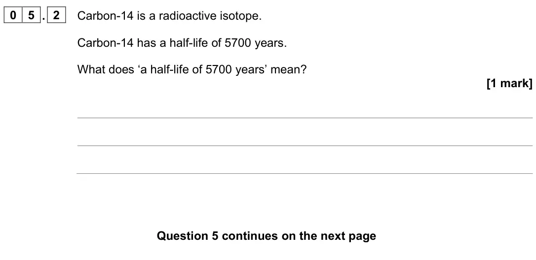 June 2023 Paper 1 Higher, question 05.2: Carbon-14 is a radioactive isotope. Carbon-14 has a half-life of 5700 years. What does ‘a half-life of 5700 years’ mean? [1 mark]