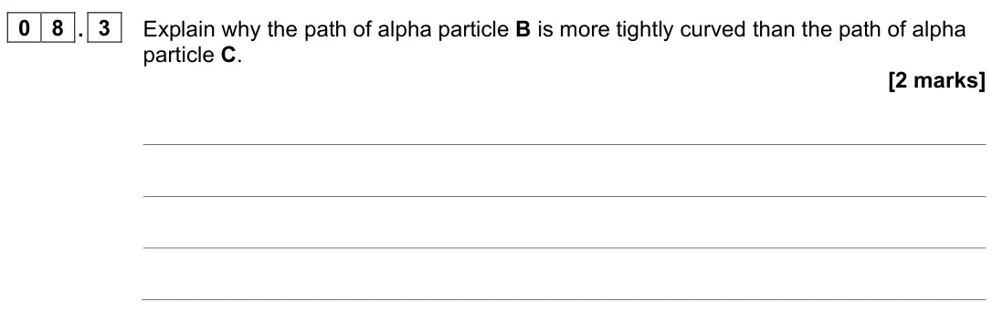 June 2023 Paper 1 Higher, question 08.3: Explain why the path of alpha particle B is more tightly curved than the path of alpha particle C. [2 marks]