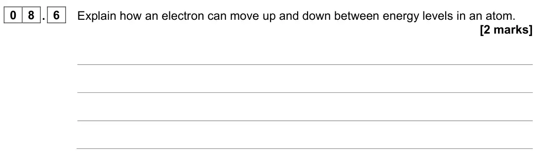June 2023 Paper 1 Higher, question 08.6: Explain how an electron can move up and down between energy levels in an atom. [2 marks]