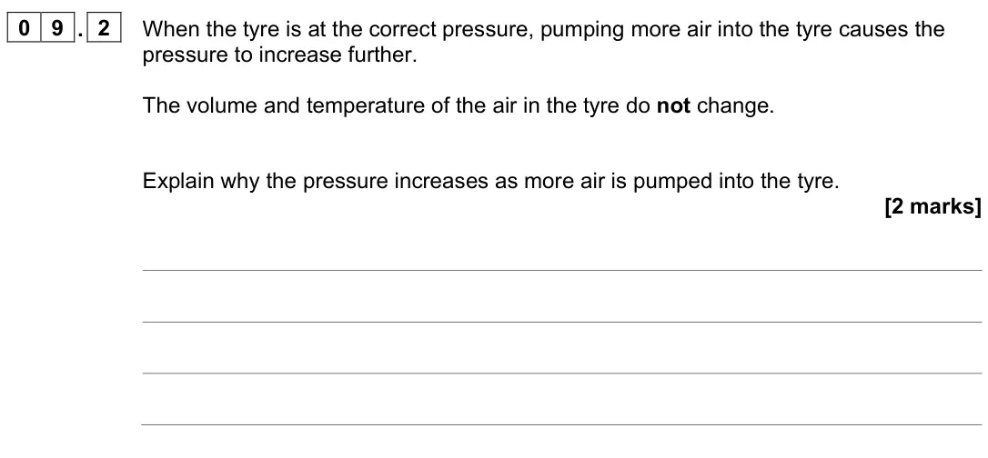 June 2023 Paper 1 Higher, question 09.2: When the tyre is at the correct pressure, pumping more air into the tyre causes the pressure to increase further. The volume and temperature of the air in the t