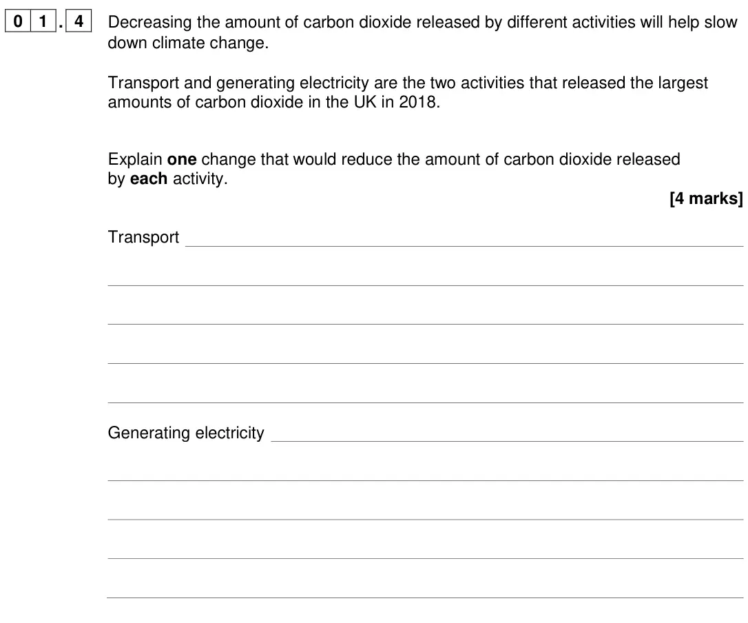 June 2024 Paper 1 Higher, question 01.4: Decreasing the amount of carbon dioxide released by different activities will help slow down climate change. Transport and generating electricity are the two ac