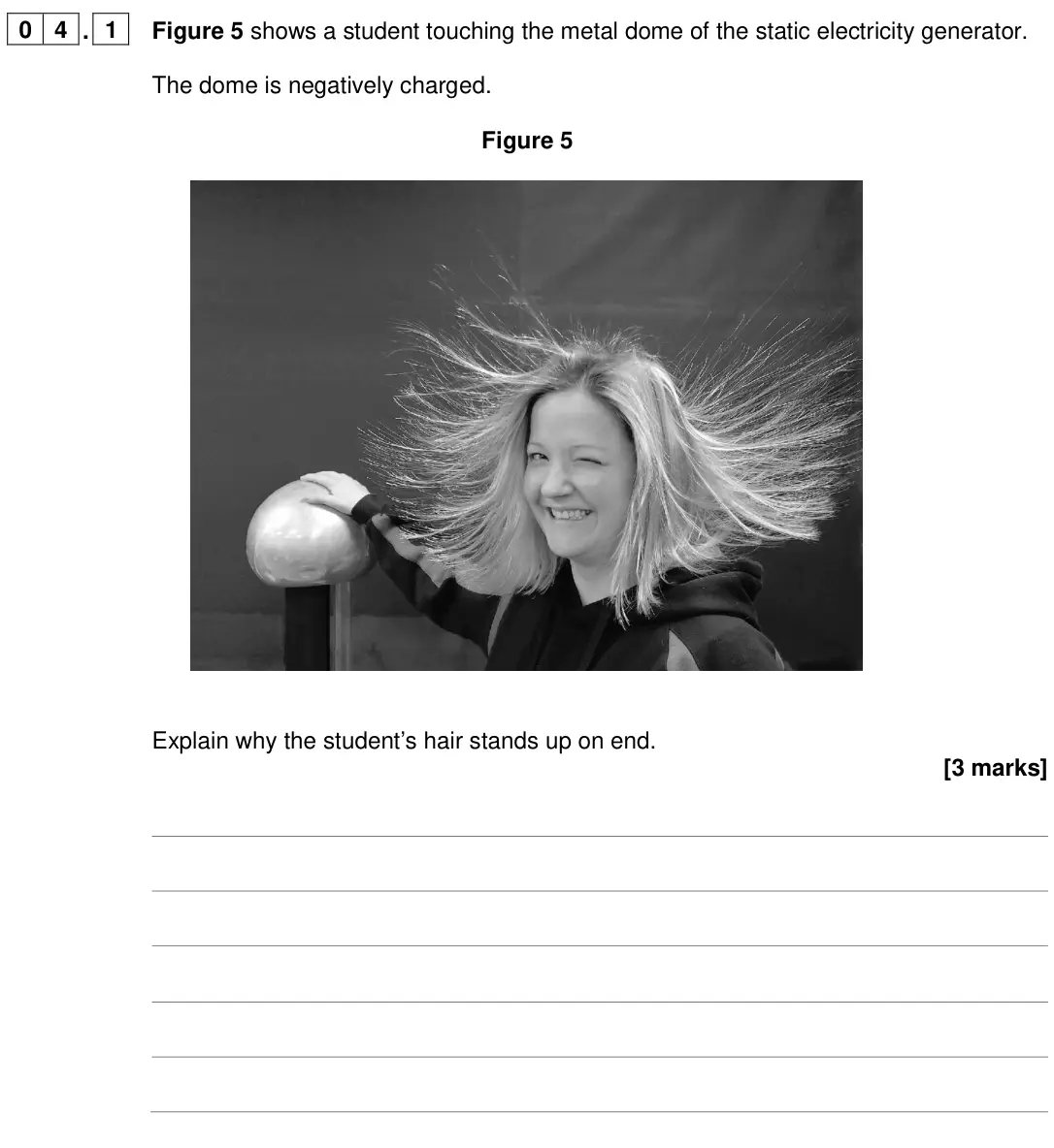 June 2024 Paper 1 Higher, question 04.1: Figure 5 shows a student touching the metal dome of the static electricity generator. The dome is negatively charged. Figure 5 Explain why the student’s hair st
