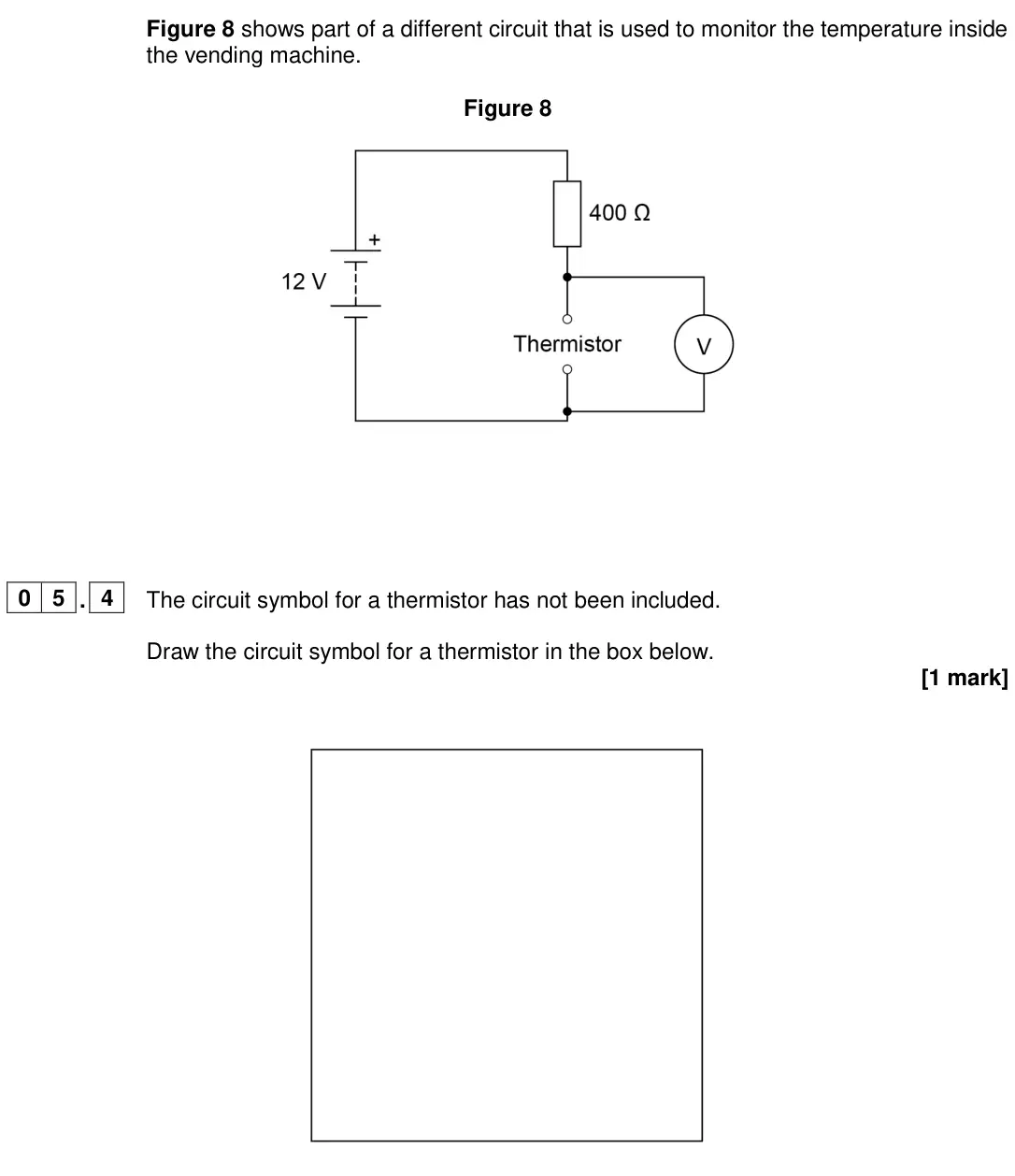 June 2024 Paper 1 Higher, question 05.4: The circuit symbol for a thermistor has not been included. Draw the circuit symbol for a thermistor in the box below. [1 mark]