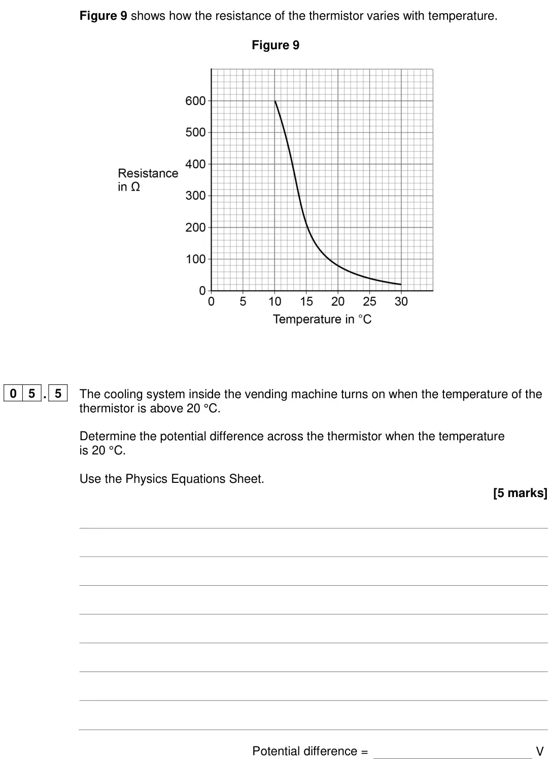 June 2024 Paper 1 Higher, question 05.5: The cooling system inside the vending machine turns on when the temperature of the thermistor is above 20 °C. Determine the potential difference across the ther