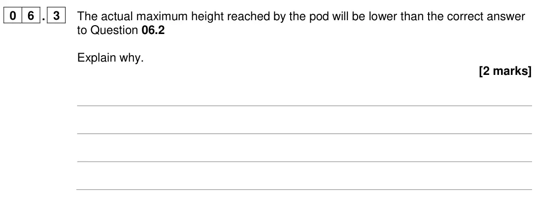 June 2024 Paper 1 Higher, question 06.3: The actual maximum height reached by the pod will be lower than the correct answer to Question 06.2 Explain why. [2 marks]