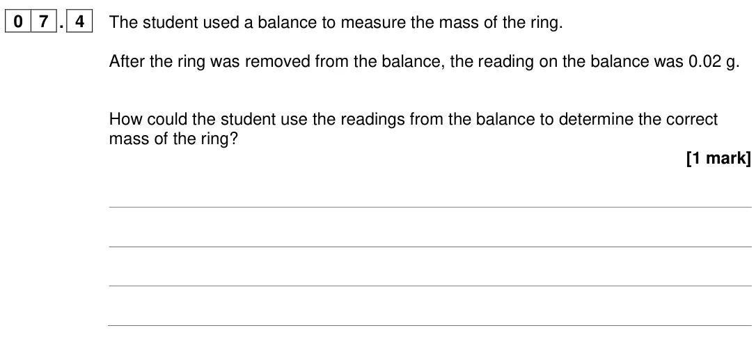 June 2024 Paper 1 Higher, question 07.4: The student used a balance to measure the mass of the ring. After the ring was removed from the balance, the reading on the balance was 0.02 g. How could the st