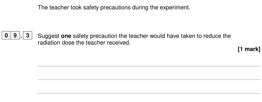 June 2024 Paper 1 Higher, question 09.3: Suggest one safety precaution the teacher would have taken to reduce the radiation dose the teacher received. [1 mark]