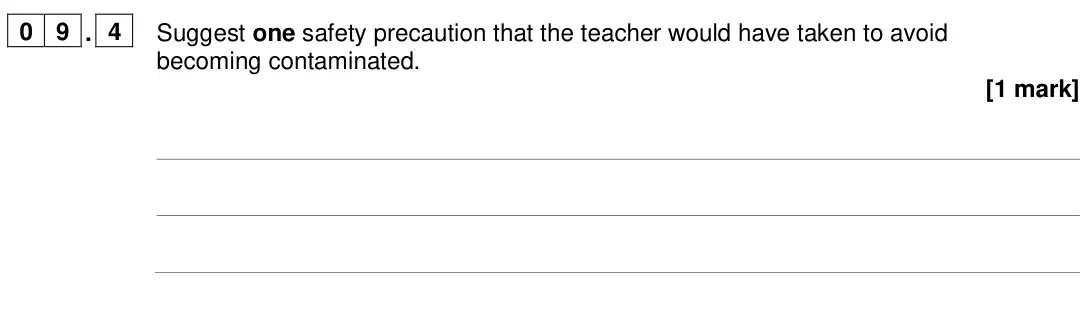 June 2024 Paper 1 Higher, question 09.4: Suggest one safety precaution that the teacher would have taken to avoid becoming contaminated. [1 mark]