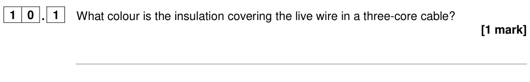 June 2024 Paper 1 Higher, question 10.1: What colour is the insulation covering the live wire in a three-core cable? [1 mark]