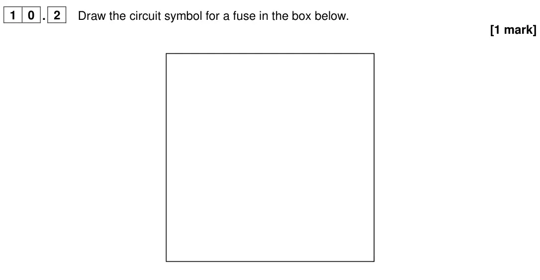 June 2024 Paper 1 Higher, question 10.2: Draw the circuit symbol for a fuse in the box below. [1 mark]