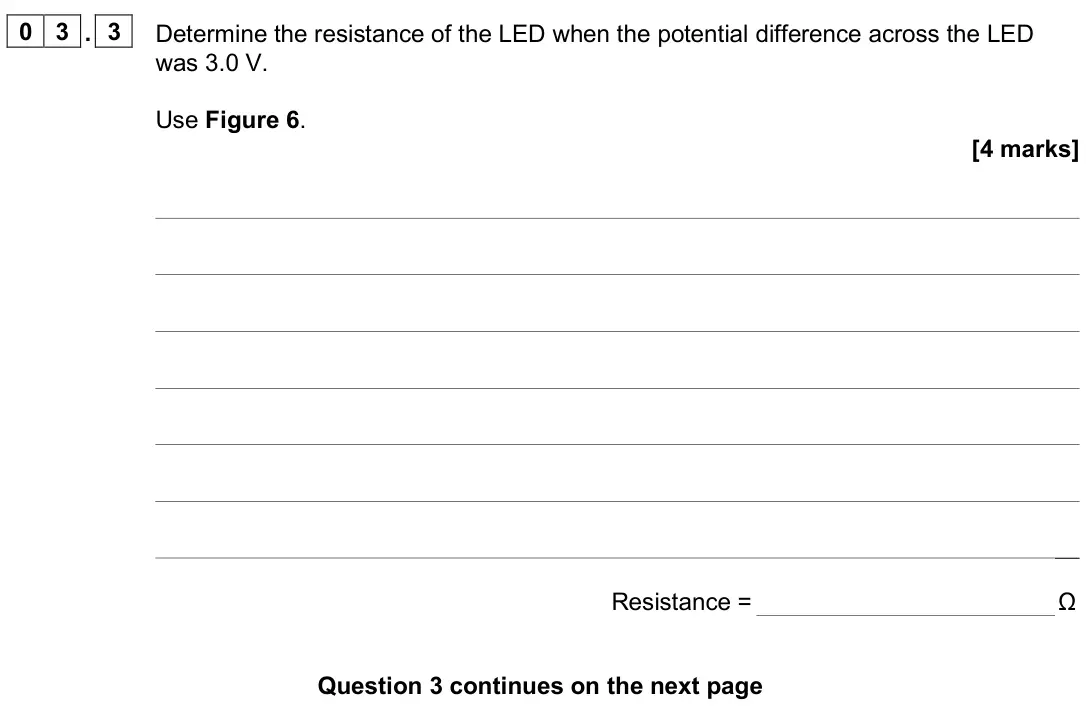 June 2025 Paper 1 Higher, question 03.3: Determine the resistance of the LED when the potential difference across the LED was 3.0 V. Use Figure 6. [4 marks] Resistance = Ω