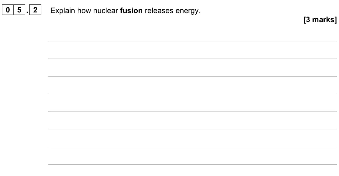 June 2025 Paper 1 Higher, question 05.2: Explain how nuclear fusion releases energy. [3 marks]