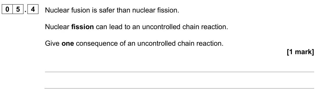 June 2025 Paper 1 Higher, question 05.4: Nuclear fusion is safer than nuclear fission. Nuclear fission can lead to an uncontrolled chain reaction. Give one consequence of an uncontrolled chain reaction