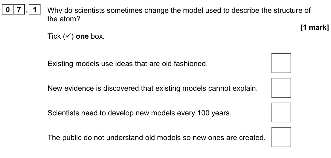 June 2025 Paper 1 Higher, question 07.1: Why do scientists sometimes change the model used to describe the structure of the atom? [1 mark] Tick () one box. Existing models use ideas that are old fashi