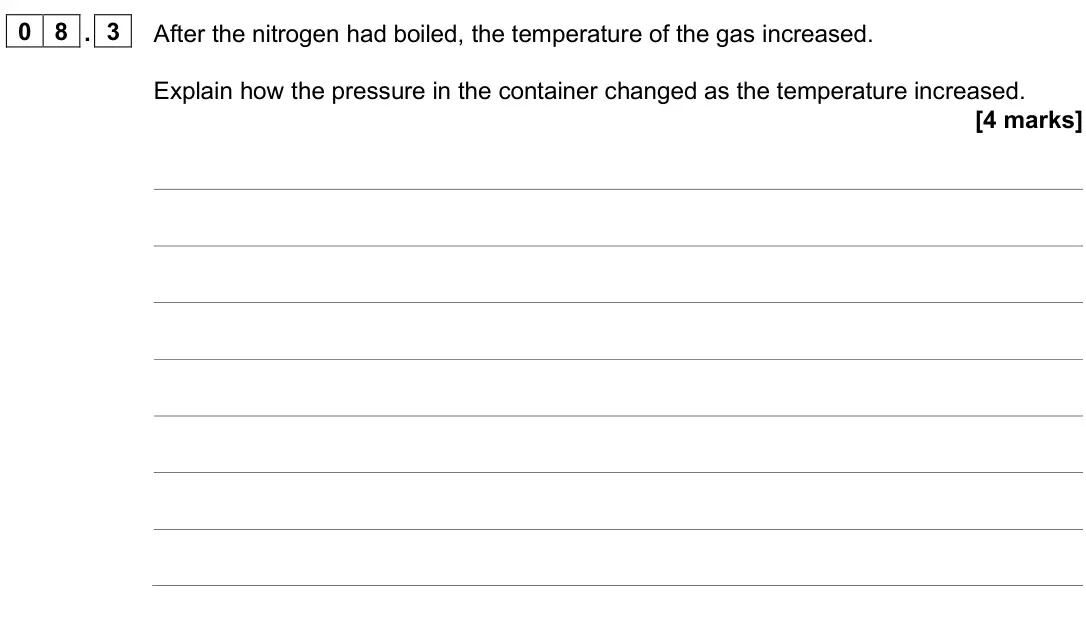 June 2025 Paper 1 Higher, question 08.3: After the nitrogen had boiled, the temperature of the gas increased. Explain how the pressure in the container changed as the temperature increased. [4 marks]