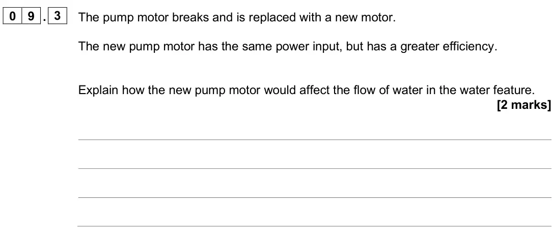 June 2025 Paper 1 Higher, question 09.3: The pump motor breaks and is replaced with a new motor. The new pump motor has the same power input, but has a greater efficiency. Explain how the new pump moto