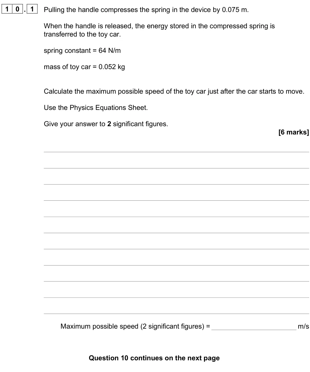 June 2025 Paper 1 Higher, question 10.1: Pulling the handle compresses the spring in the device by 0.075 m. When the handle is released, the energy stored in the compressed spring is transferred to the