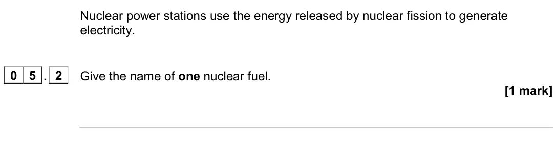 November 2020 Paper 1 Higher, question 05.2: Give the name of one nuclear fuel. [1 mark]
