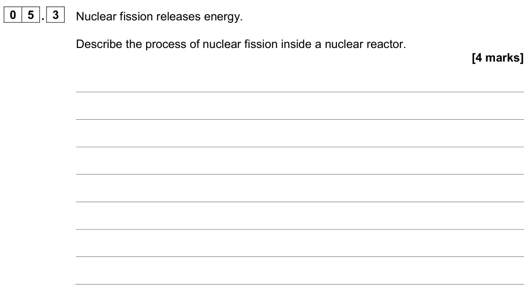 November 2020 Paper 1 Higher, question 05.3: Nuclear fission releases energy. Describe the process of nuclear fission inside a nuclear reactor. [4 marks]