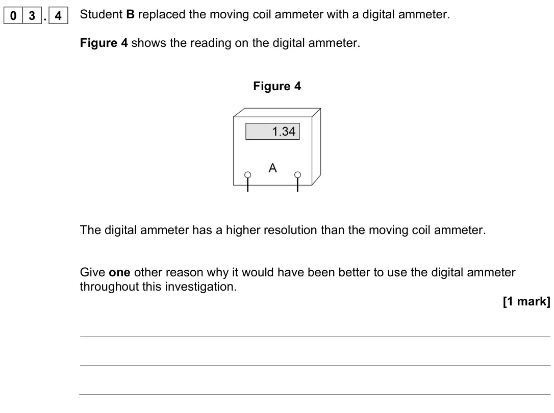 November 2021 Paper 1 Higher, question 03.4: Student B replaced the moving coil ammeter with a digital ammeter. Figure 4 shows the reading on the digital ammeter. Figure 4 The digital ammeter has a higher