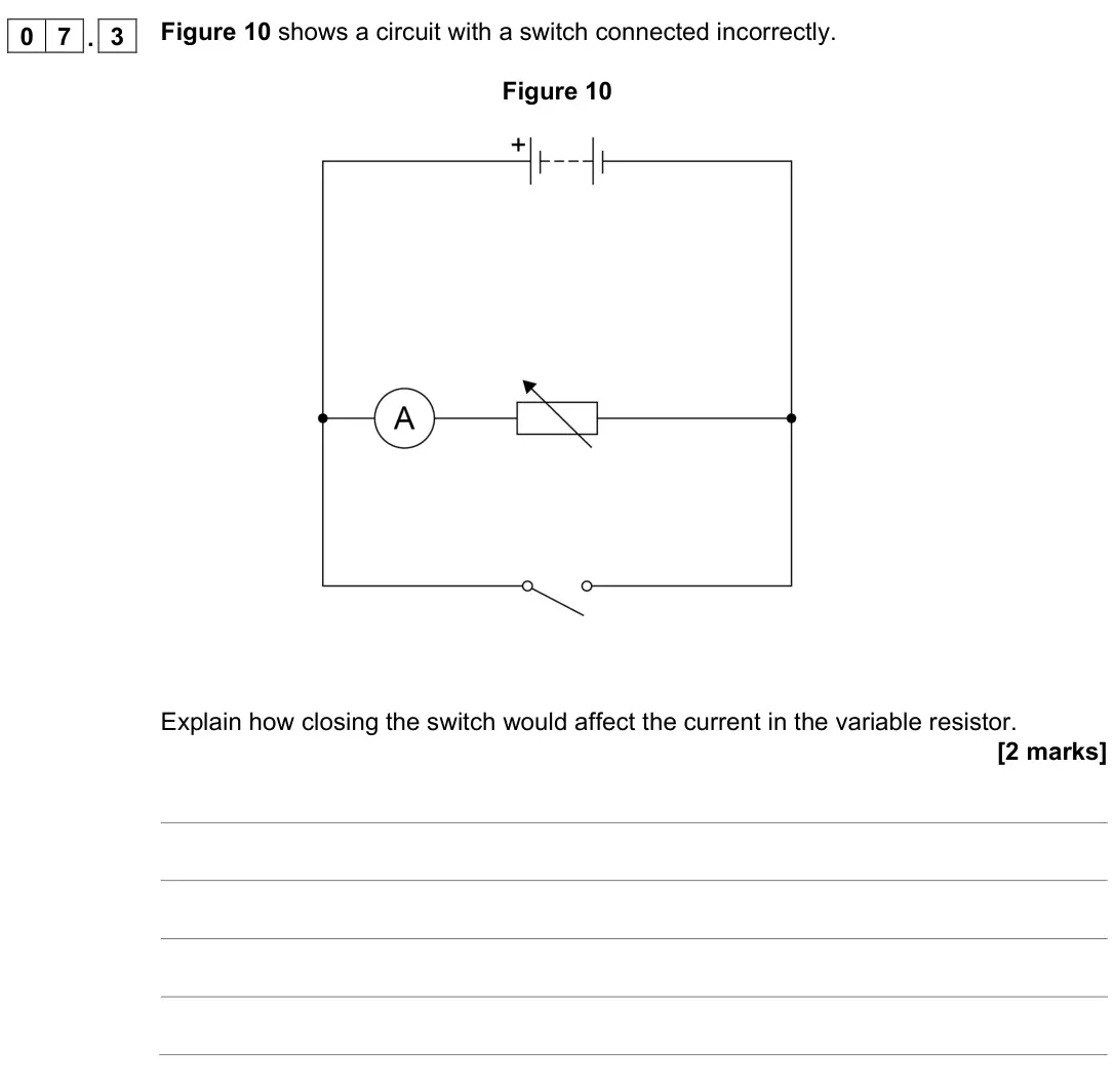November 2021 Paper 1 Higher, question 07.3: Figure 10 shows a circuit with a switch connected incorrectly. Figure 10 Explain how closing the switch would affect the current in the variable resistor. [2 ma