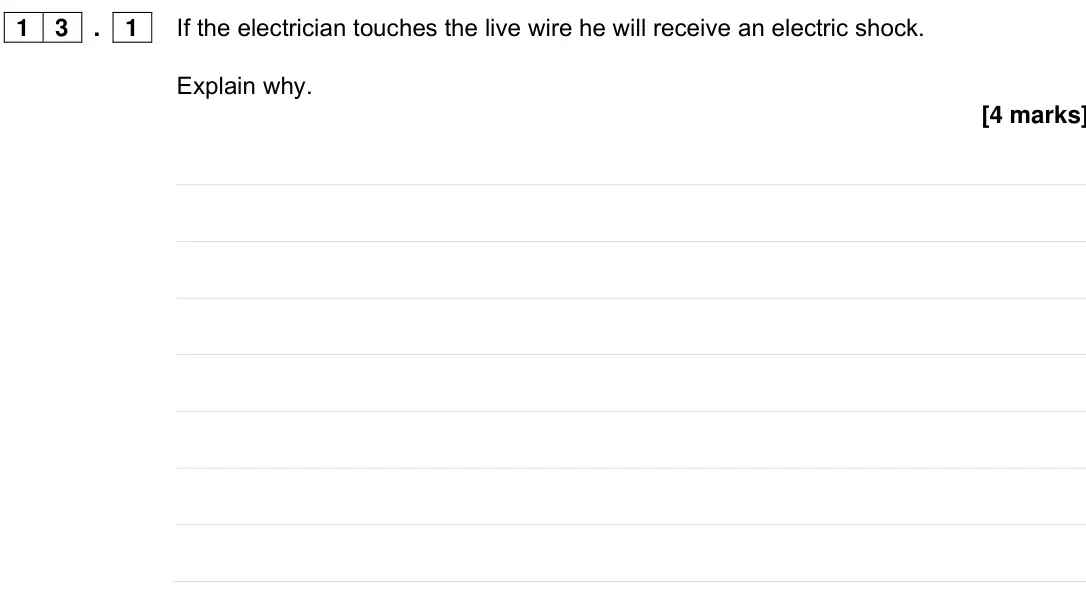 Specimen Paper 1 Higher, question 13.1: If the electrician touches the live wire he will receive an electric shock. Explain why. [4 marks]