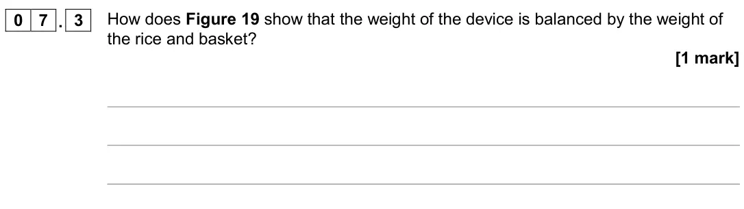 June 2019 Paper 2 Foundation, question 07.3: How does Figure 19 show that the weight of the device is balanced by the weight of the rice and basket? [1 mark]