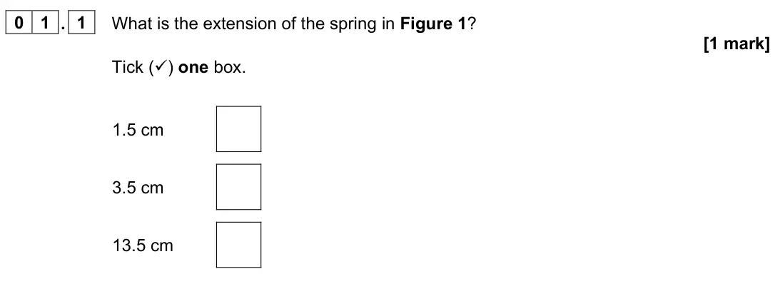 June 2023 Paper 2 Foundation, question 01.1: What is the extension of the spring in Figure 1? [1 mark] Tick () one box. 1.5 cm 3.5 cm 13.5 cm