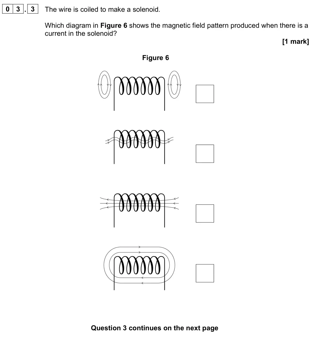 June 2023 Paper 2 Foundation, question 03.3: The wire is coiled to make a solenoid. Which diagram in Figure 6 shows the magnetic field pattern produced when there is a current in the solenoid? [1 mark] Fig