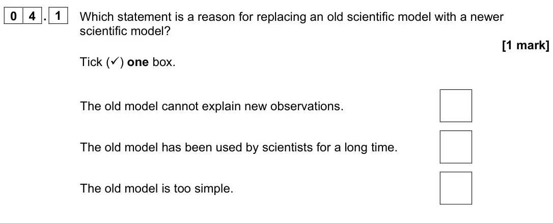 June 2023 Paper 2 Foundation, question 04.1: Which statement is a reason for replacing an old scientific model with a newer scientific model? [1 mark] Tick () one box. The old model cannot explain new obs