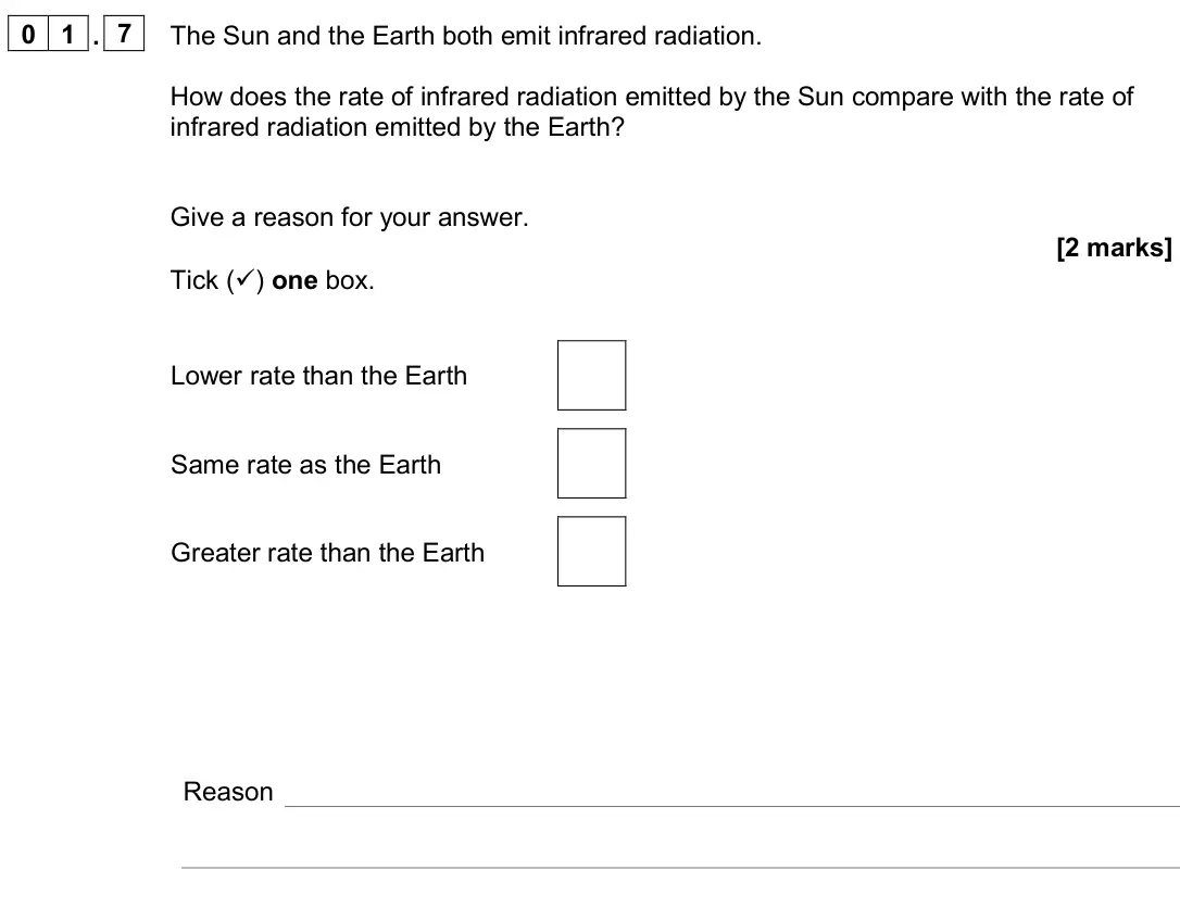 June 2024 Paper 2 Foundation, question 01.7: The Sun and the Earth both emit infrared radiation. How does the rate of infrared radiation emitted by the Sun compare with the rate of infrared radiation emitt