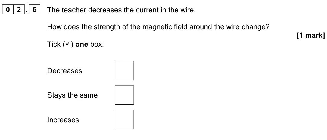 June 2024 Paper 2 Foundation, question 02.6: The teacher decreases the current in the wire. How does the strength of the magnetic field around the wire change? [1 mark] Tick () one box. Decreases Stays th