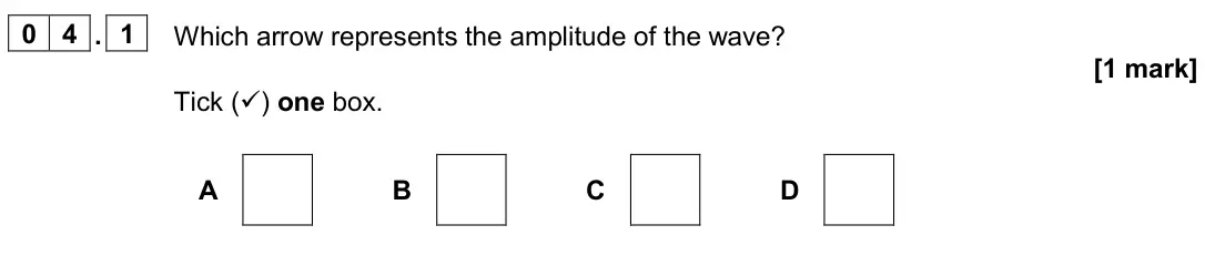 June 2024 Paper 2 Foundation, question 04.1: Which arrow represents the amplitude of the wave? [1 mark] Tick () one box. A B C D