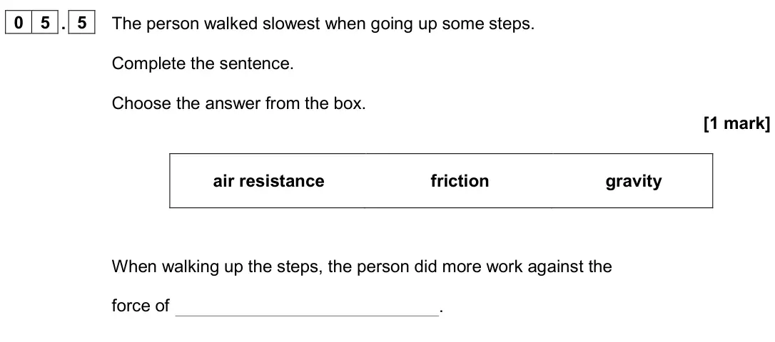 June 2024 Paper 2 Foundation, question 05.5: The person walked slowest when going up some steps. Complete the sentence. Choose the answer from the box. [1 mark] air resistance friction gravity When walking