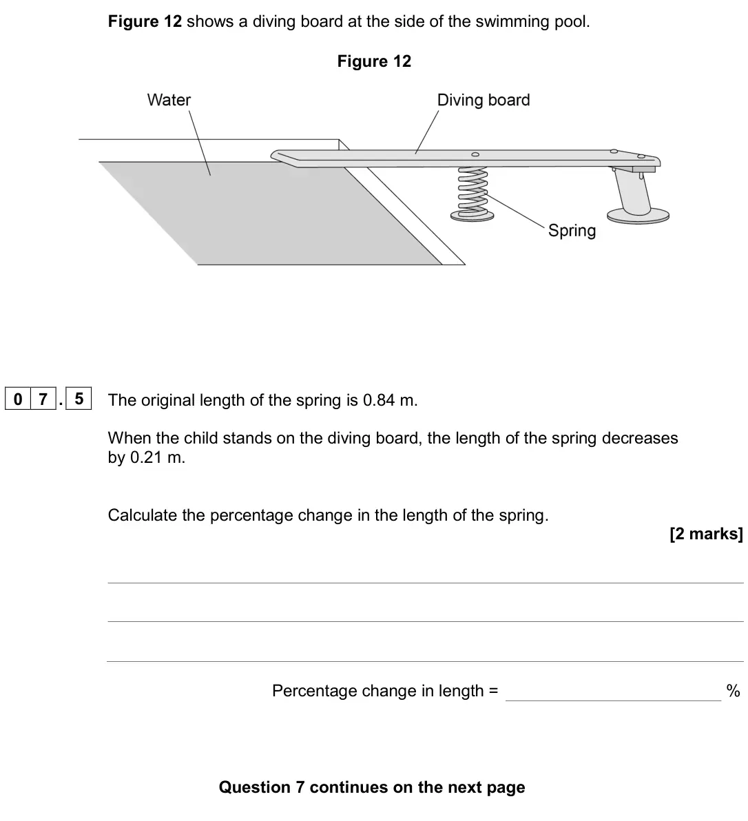 June 2024 Paper 2 Foundation, question 07.5: The original length of the spring is 0.84 m. When the child stands on the diving board, the length of the spring decreases by 0.21 m. Calculate the percentage c