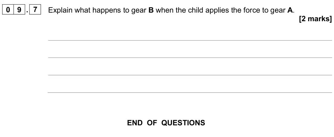 June 2024 Paper 2 Foundation, question 09.7: Explain what happens to gear B when the child applies the force to gear A. [2 marks]