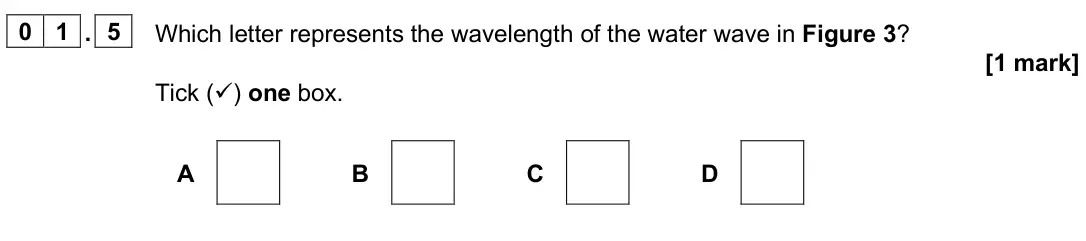 June 2025 Paper 2 Foundation, question 01.5: Which letter represents the wavelength of the water wave in Figure 3? [1 mark] Tick () one box. A B C D