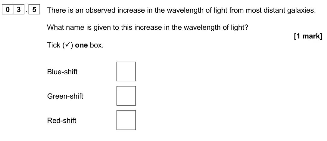 June 2025 Paper 2 Foundation, question 03.5: There is an observed increase in the wavelength of light from most distant galaxies. What name is given to this increase in the wavelength of light? [1 mark] Ti