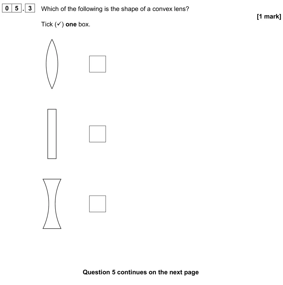 June 2025 Paper 2 Foundation, question 05.3: Which of the following is the shape of a convex lens? [1 mark] Tick () one box.