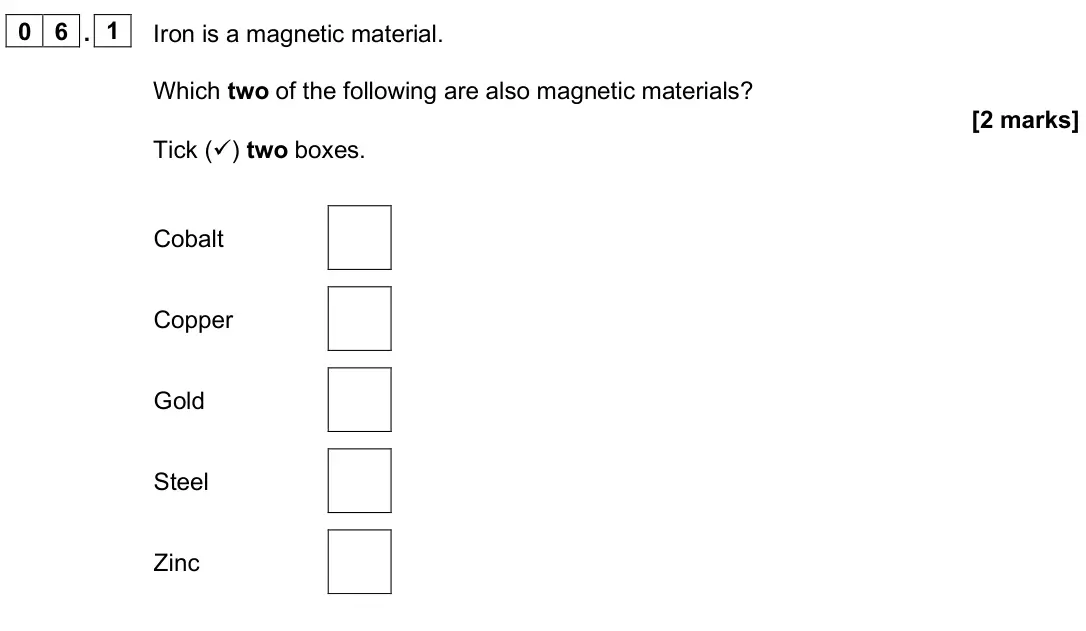 June 2025 Paper 2 Foundation, question 06.1: Iron is a magnetic material. Which two of the following are also magnetic materials? [2 marks] Tick () two boxes. Cobalt Copper Gold Steel Zinc